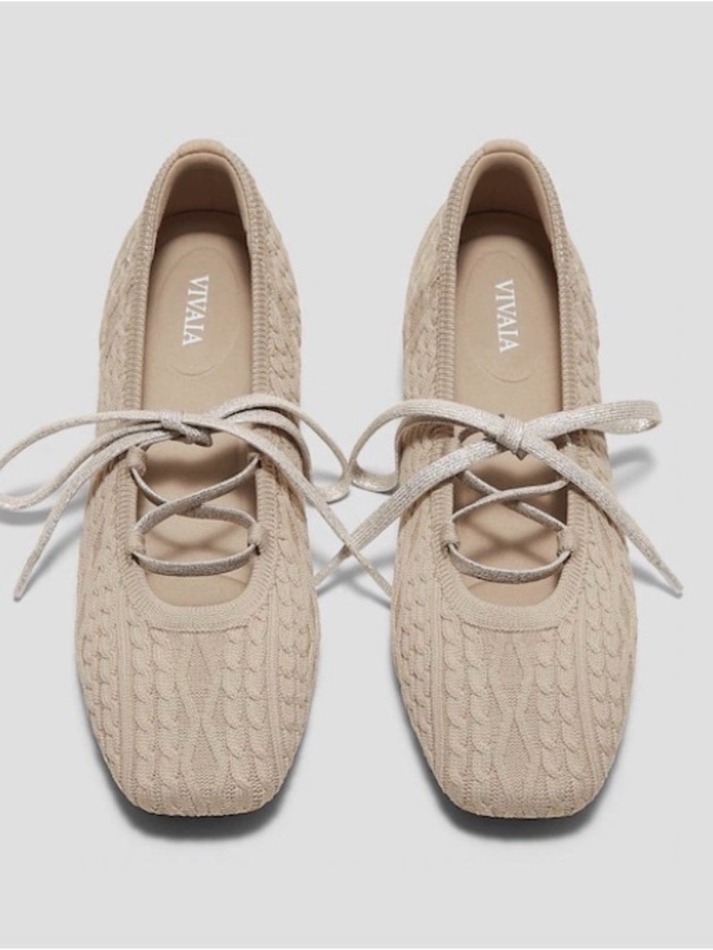 NWOB VIVAIA Cable Knit Lace-Up Ballet Flat Beige EU 39 US 8.5 Square Toe Comfort - Picture 3 of 13